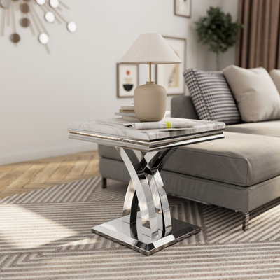 Mawgan 22" Silver End Table with Silver Mirrored X Base and Grey Elegant Stripe Table Top for Living Room