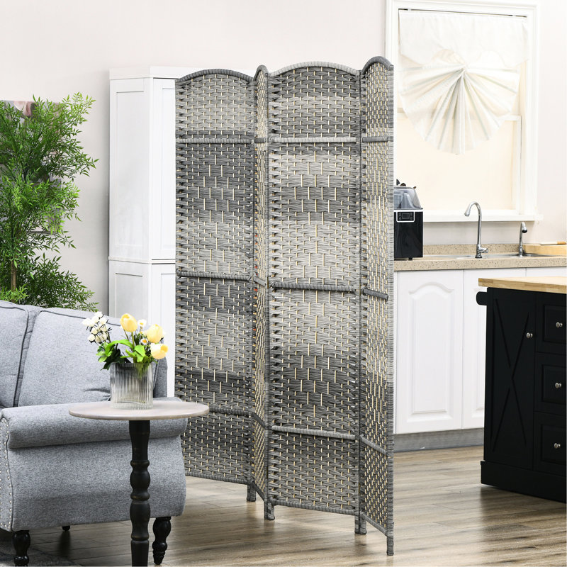Paravent de 6 pi de hauteur, paravent 4 panneaux. Cloison en bois autoportante tissée à la main en gris mélangé. Pour la maison, le bureau, la chambre à coucher. Pliable, léger,. Aucun assemblage requis