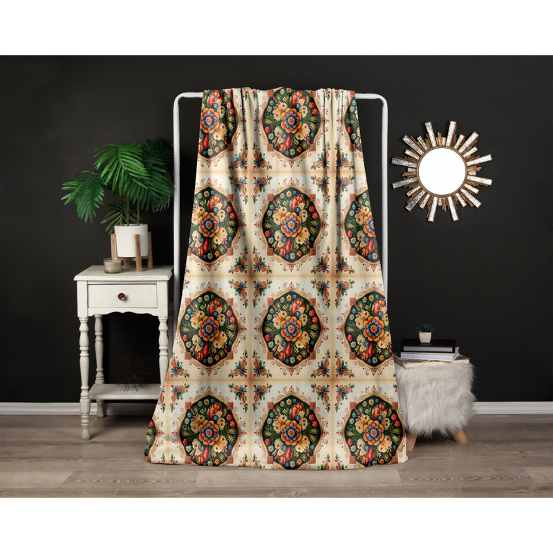 Throw Blanket, 68" W x 80" L, Checkered/Floral, Orange/Red/Black