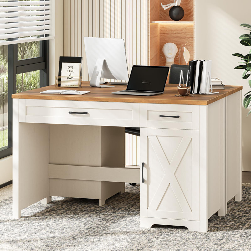 Farmhouse 47" Executive Desk Computer Desk With Drawers, Brown/White