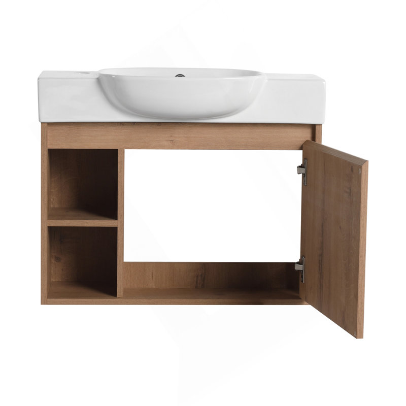 26'' Wall-Mounted Bathroom Vanity With White Ceramic Sink & Soft-Close Door, Plywood, KD-Packing, Imitative Oak