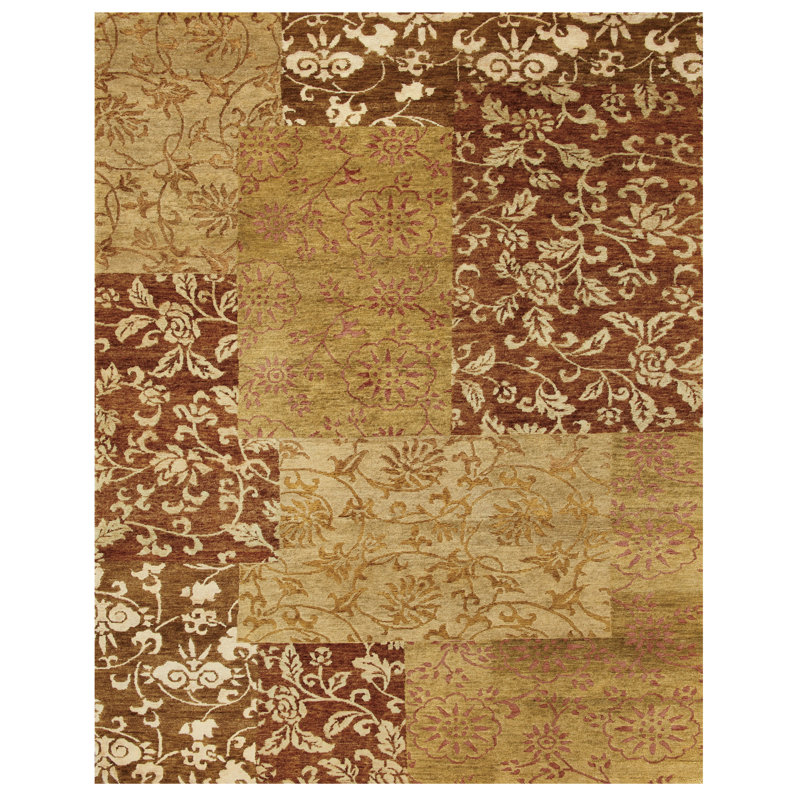 Qing Hand Knotted Striped Area Rug in Gold/Ivory, Rectangle 9' x 12'