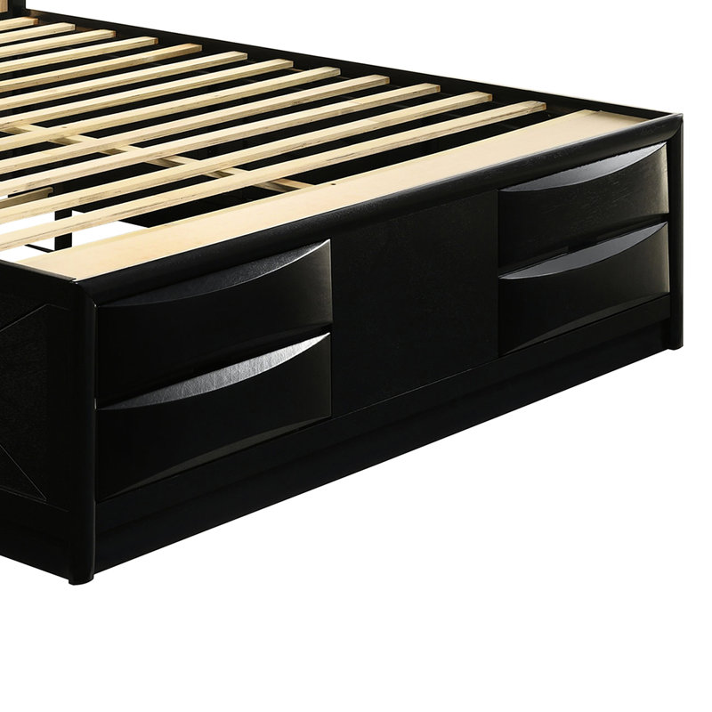 Très grand lit bibliothèque noir avec style transitionnel, quatre tiroirs et compartiments de rangement sous le lit, plateforme avec porte rabattable