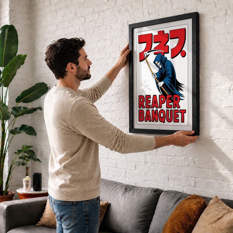 Reaper Banquet Retro - Framed Print, A1 - 84.1 x 59.4 cm, Oak