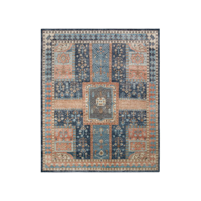 Distressed Homage Hand Knotted Wool Area Rug in Beige, Blue, Gray, Salmon