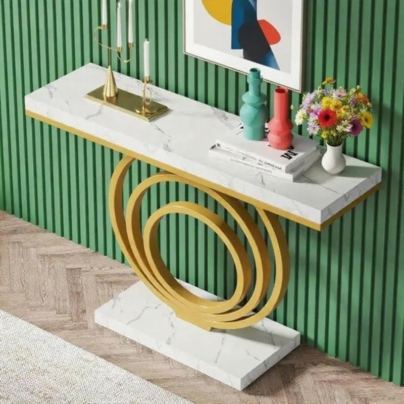 Console moderne à cadre doré, table d'entrée effet marbre avec piètement en anneau géométrique en métal