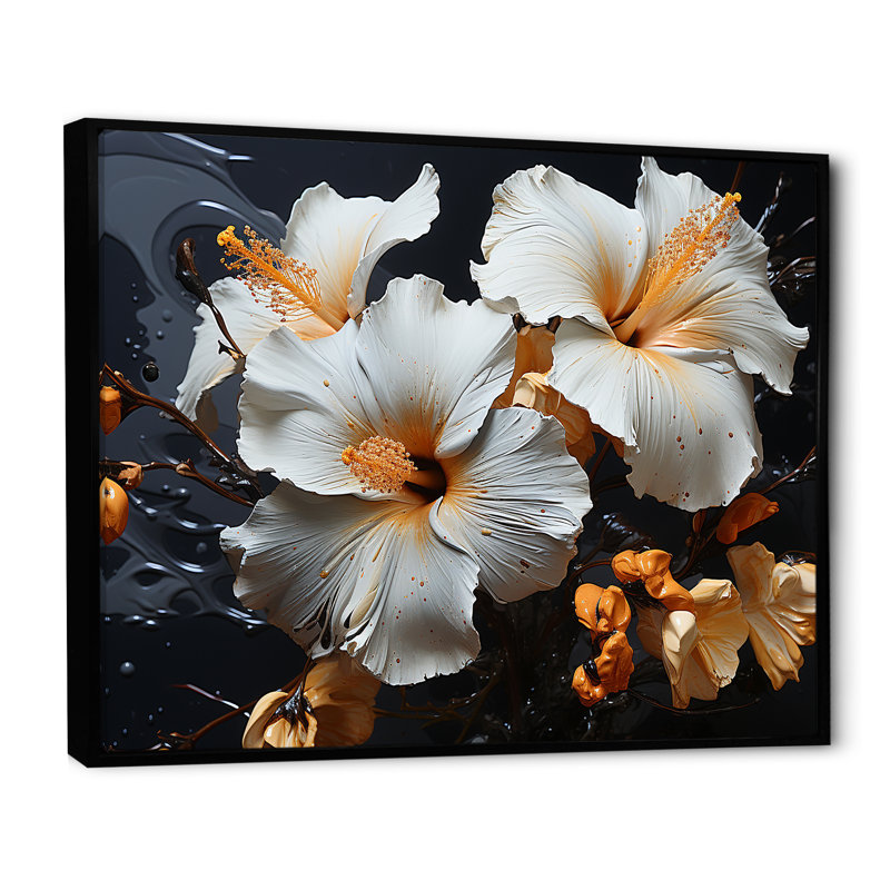 «Hibiscus Orange Blossums» sur toile, Cadre flottant noir, H 30 po x l 40 po x P 1,5 po