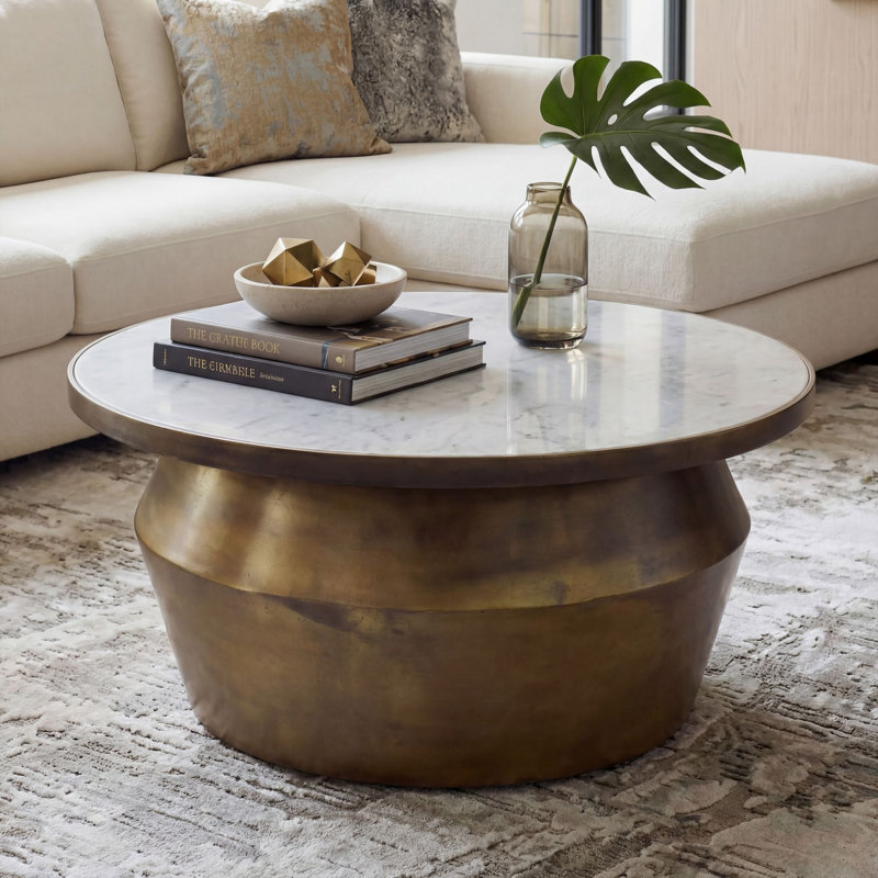 Round White Marble Coffee Table with Iron Base, White / Brown, White