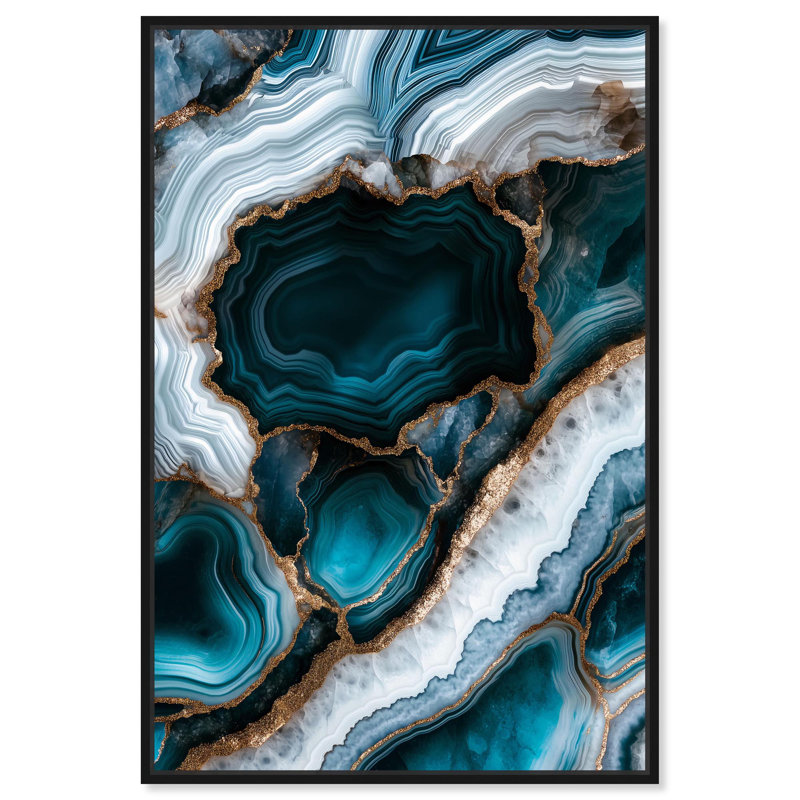 «Teal Tectonic I», art mural géode bleue par , Cadre flottant noir, H 16 po x l 11 po