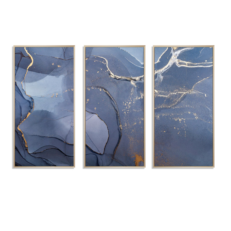 Encre liquide grise et bleue, art moderne, ensemble de 3 toiles encadrées modernes, H 28 po x l 36 po, Cadre brun