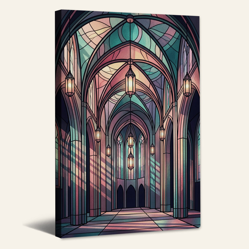 Tableau sur toile représentant des arches gothiques turquoise et rose avec lanternes suspendues, H 18 po x l 12 po