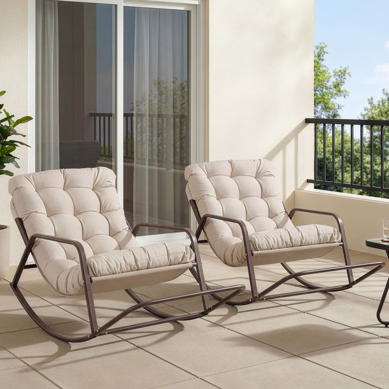 Oversized Outdoor Papasan Rocking Chair Set Of 2 With Footrest, Metal Lounge Rockers With Thick Cushions - Beige Cushion/Brown Frame