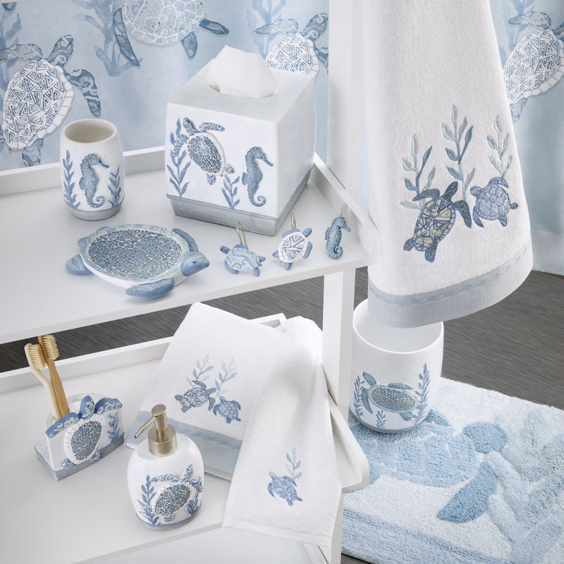 Caicos White and Blue Cotton Coastal Hand Towel