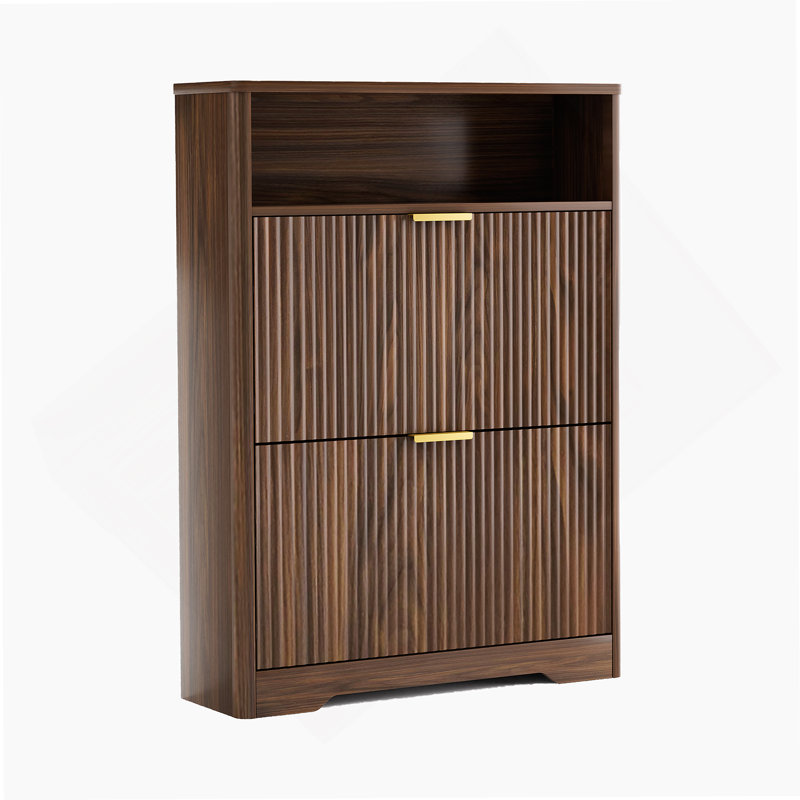 Free Standing Shoe Storage Cabinet  With 2 Flip Drawers For Entryway, Walnut