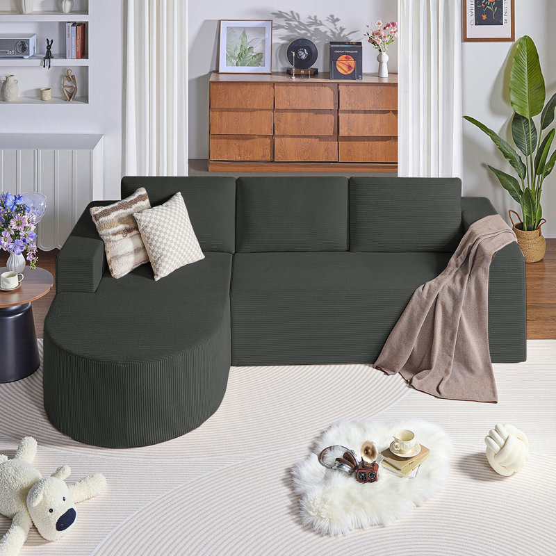 104.92" Corduroy L-shaped Compression Couch Sectional Sofa with Comfortable Chaise, Dark Gray