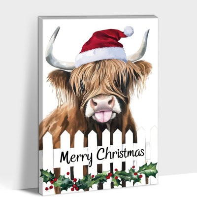Décoration murale sur toile GUTTATY Christmas, images de vacances de vache Highland, œuvre d'art sur toile Santa Hat, peinture murale d'hiver, impression festive pour le salon et décoration saisonnière pour la maison, 8 po x 12 po