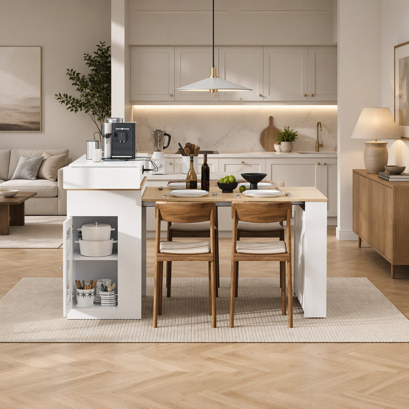 Table de salle à manger extensible avec plateau rabattable, table de bar avec tiroirs, prise électrique et roulettes, idéale pour les cuisines et salles à manger modernes.
