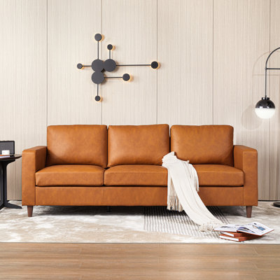 86" Leather Sofa for Living Room, Mid-Century Modern Couch with Deep Seats, Brown Faux Leather Couch, 3 Seat Sofa with Removable Cover for Apartment, Office