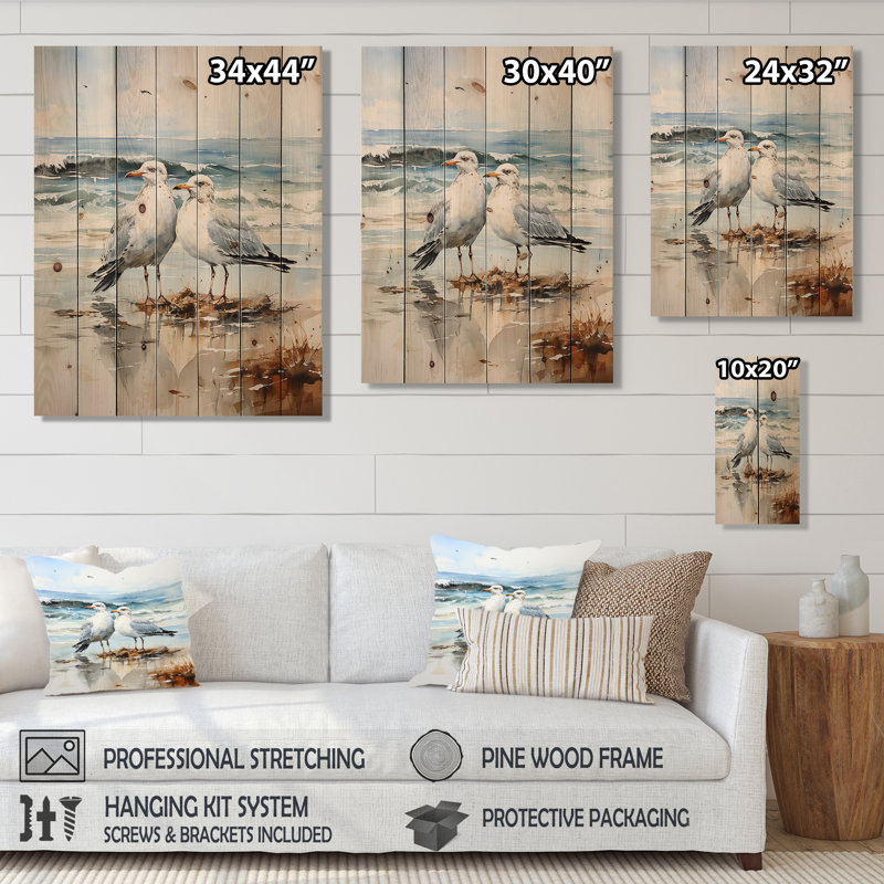 Abstrait de mouettes de plage amoureux, impression sur bois naturel, H 32 po x l 24 po x P 0,78 po