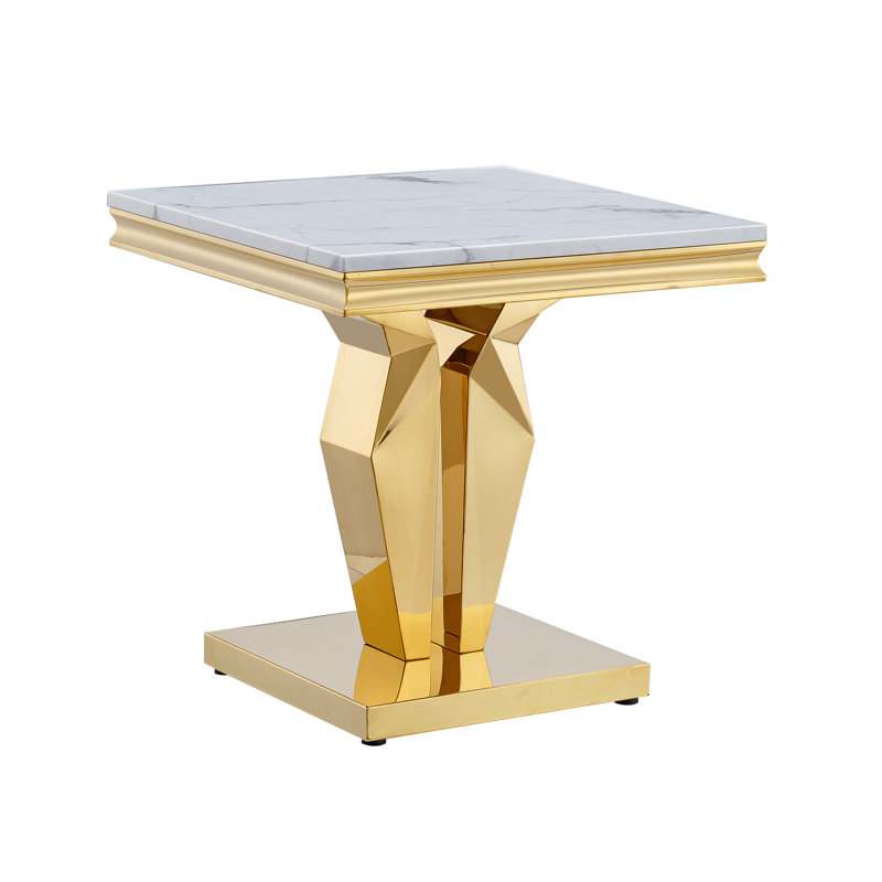 Modern Luxury Faux Marble End Table with Polished Stainless Steel Base Square White Marble Side Table Elegant Small Bedside Table for Living Room Bedroom Office