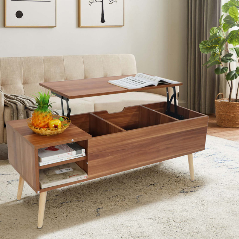 Table basse à plateau relevable simple Kedus avec compartiment caché et tablette de rangement réglable