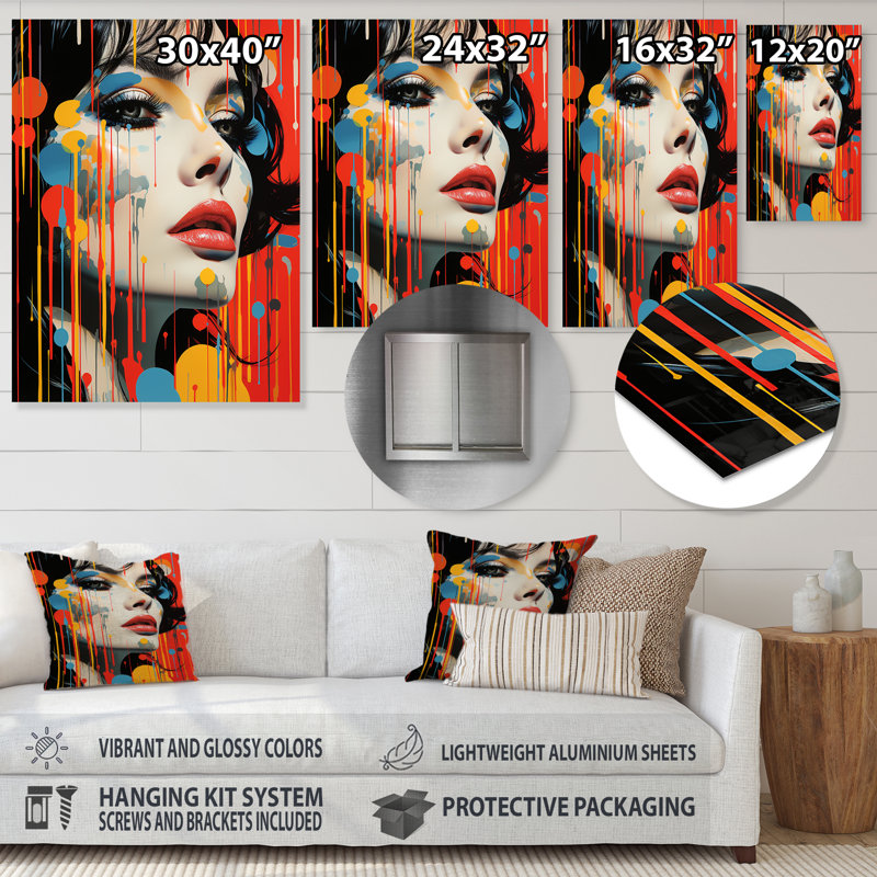 Encre liquide, portrait de femme graffiti III - mode, art en métal, H 20 po x l 12 po x P 1 po