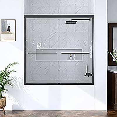 56"-60"W*60" H Semi-Frameless Double Sliding Shower Door, Bypass Shower Door, 1/4" (6Mm) Thick SGCC Tempered Glass Door, Matte Black