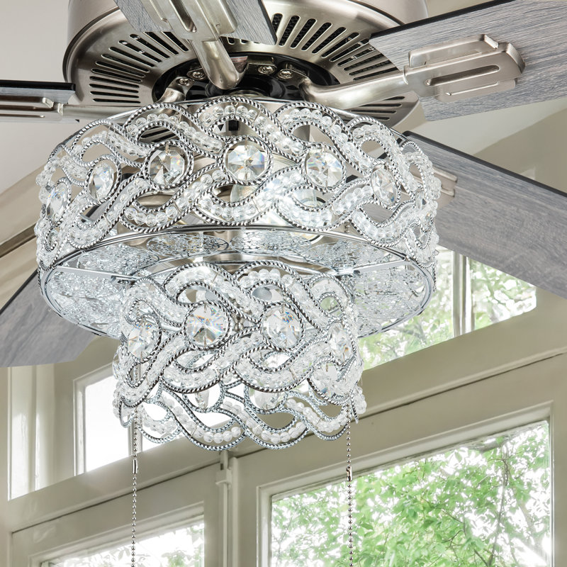 Ventilateur de plafond à pales grises ou noires avec finition nickel et incrustation de cristal de 52 po de largeur Alessandra