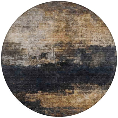 8' Charcoal Tan And Beige Round Abstract Washable Indoor Outdoor Area Rug