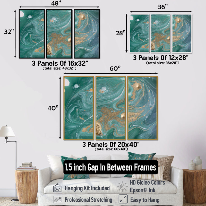 Nature verte et marbre doré - ensemble d'art mural sur toile Glam, H 28 po x l 36 po, Argent argent