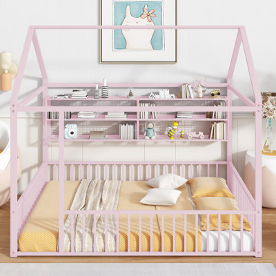 Lit en métal avec tablettes et clôture en métal - rose pour une chambre fonctionnelle