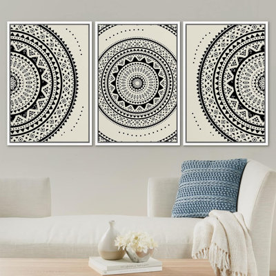 Black Indian Mandala Pattern Boho Geometric Abstract Chic Wall Art Framed On Canvas 3 Pieces Print