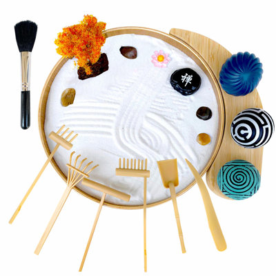 Jardin zen pour bureau, trousse de thérapie de bac à sable, ensemble de cadeaux zen, mini jardin zen japonais, décoration de bureau zen et méditation à domicile - 3 sphères de tampon et support personnalisé, outils de sable et râteau