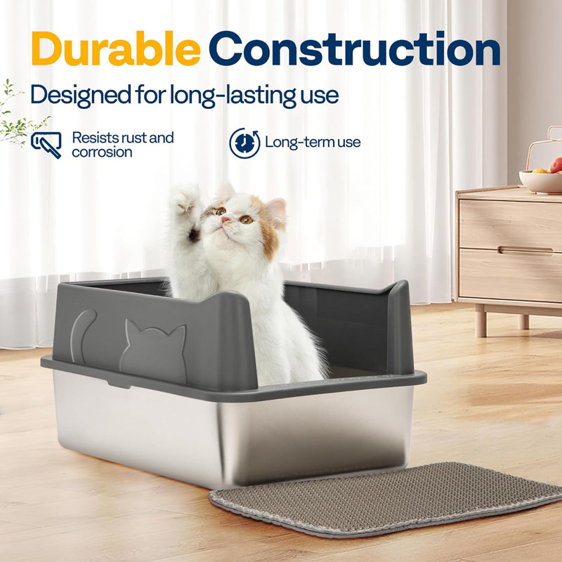 Extra Large Stainless Steel Cat Litter Box with Lid, Litter Mat and Scoop, Dark Gray