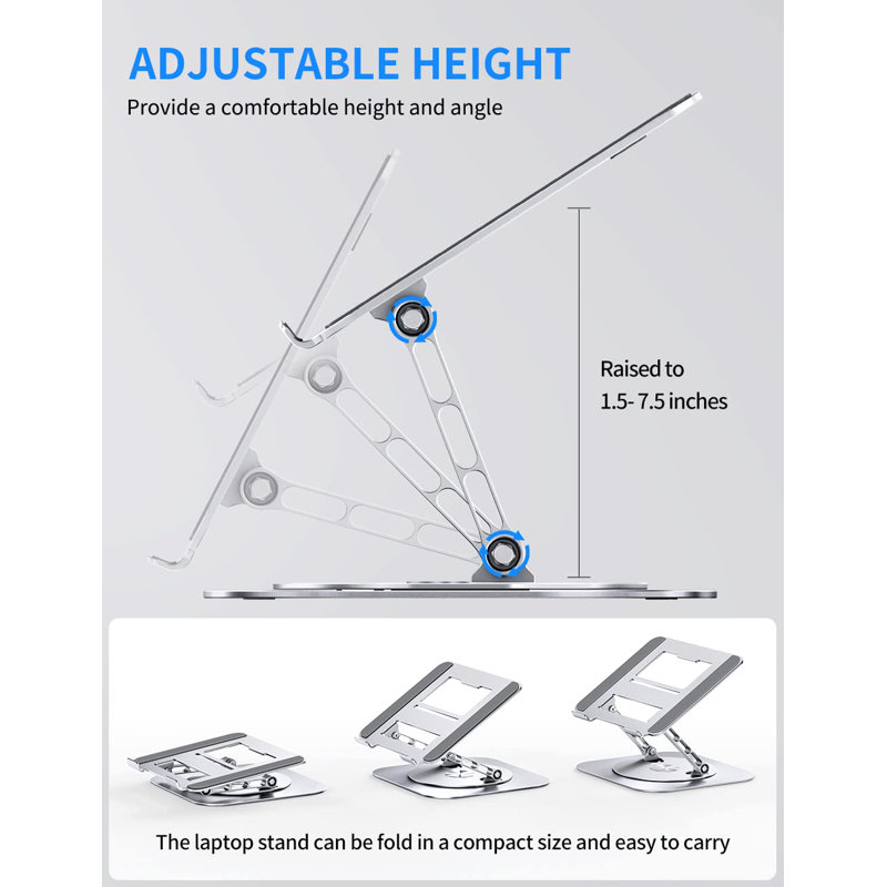 Support d'ordinateur réglable avec base pivotante à 360 °, support pour ordinateur portable ergonomique pliable, argent
