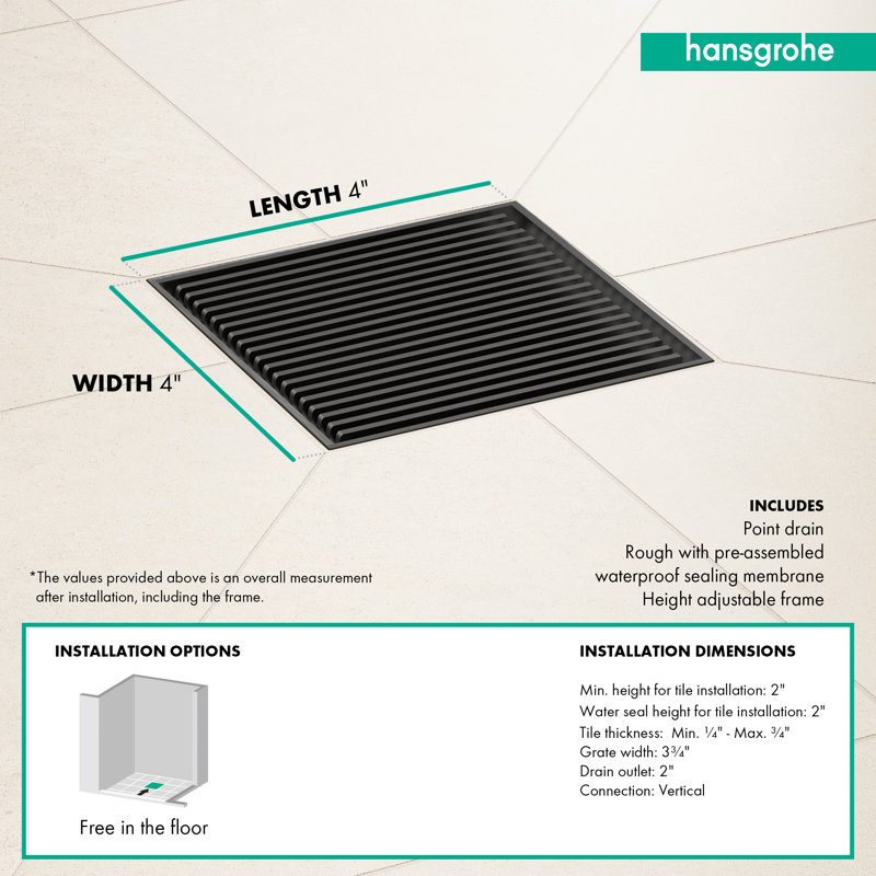 Drain de douche à pluie 4 po x 4 po Rain Brilliance Boardwalk
