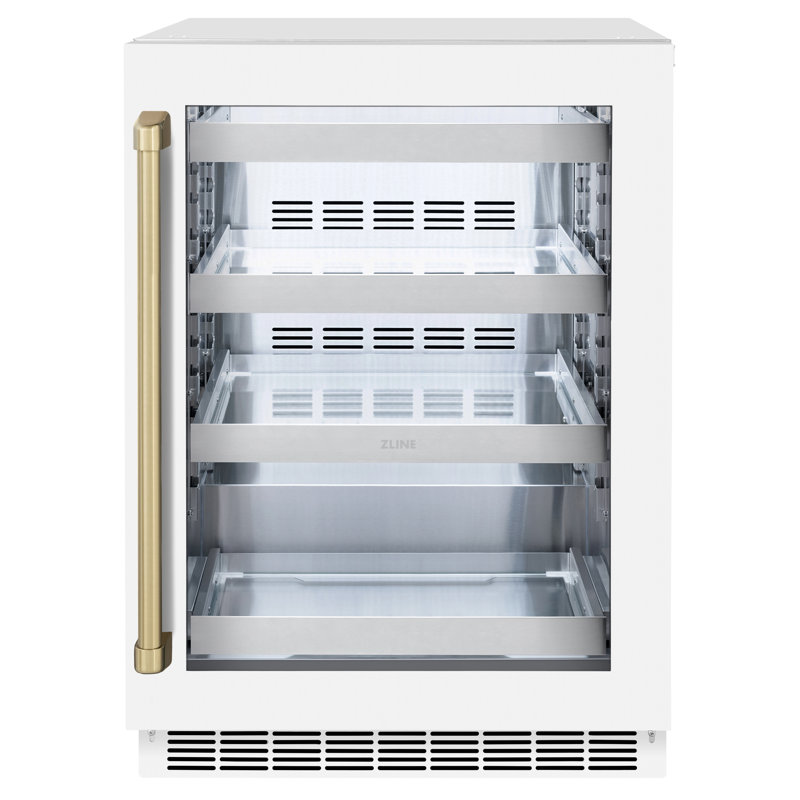 ZLINE Autograph Edition 24 in. Touchstone 151 Can Beverage Fridge with Glass Door and Handle, White Matte/Champagne Bronze