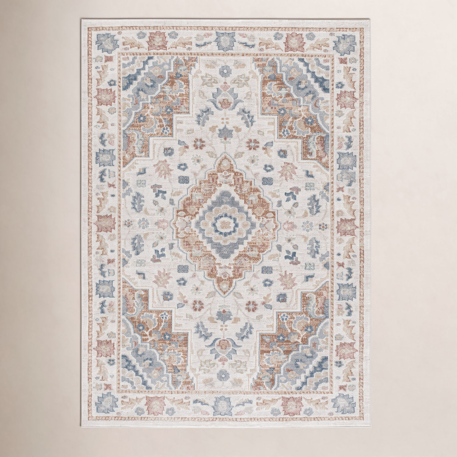 Mayhill Beige Rust Blue Machine Washable Rug, Rectangle 5'3" x 7'6"