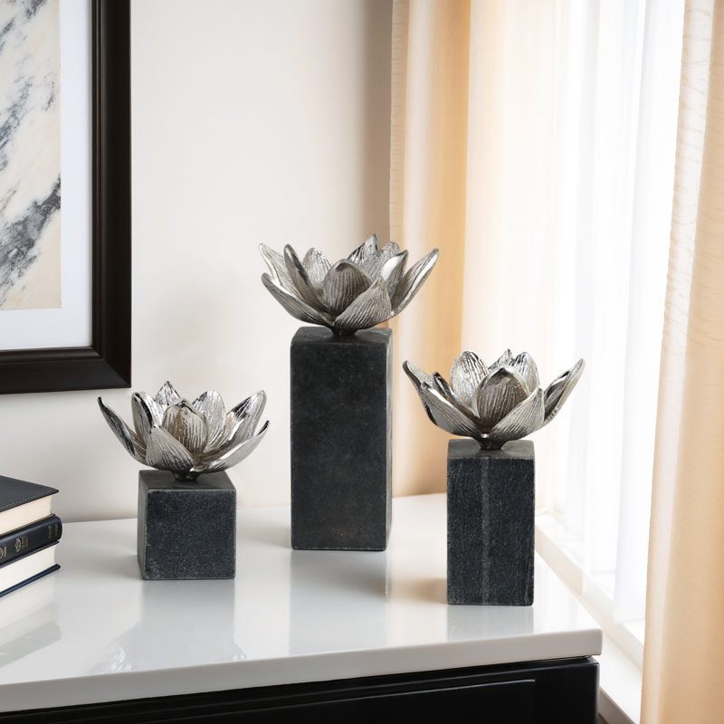 Sagebrook Home 3-Pieces Darby Flower Statuary With Marb, Black/Silver