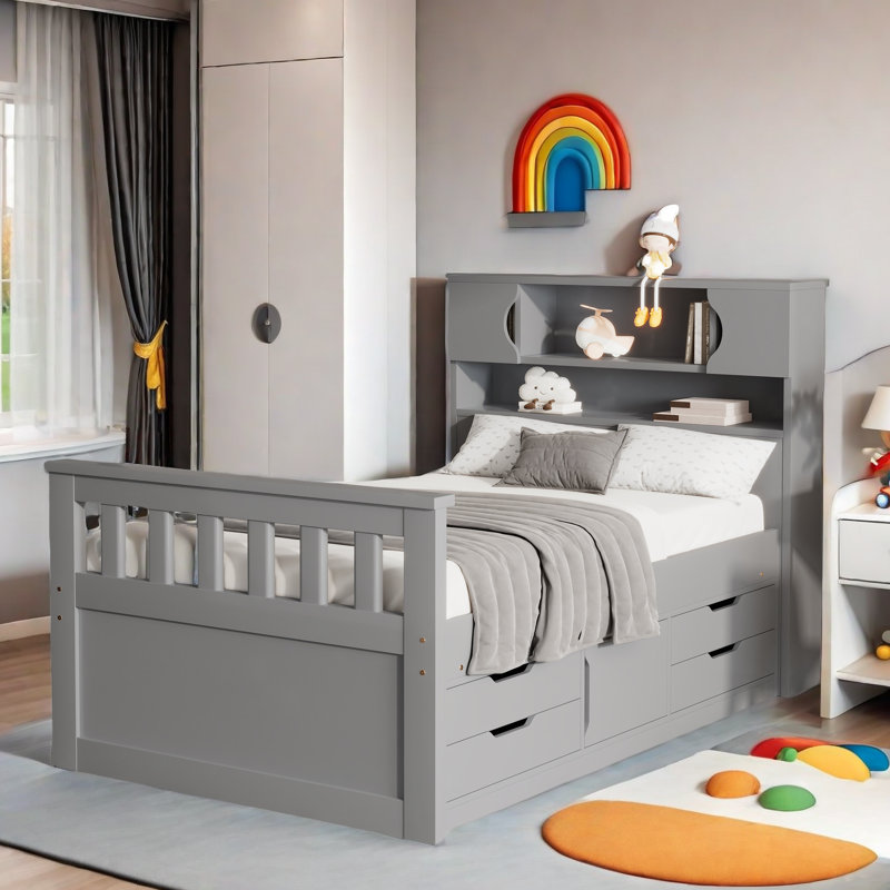 Lit plateforme Breckynn avec bibliothèques de rangement, tablettes et 4 tiroirs