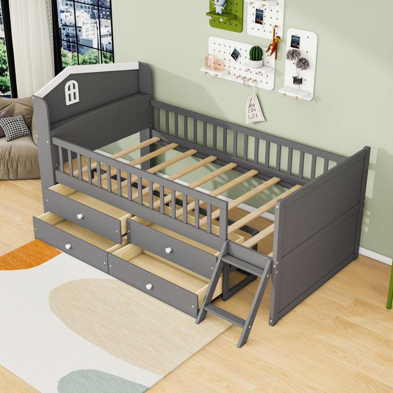 Structure de lit simple en bois avec tiroirs de rangement et garde-corps de sécurité, Gris