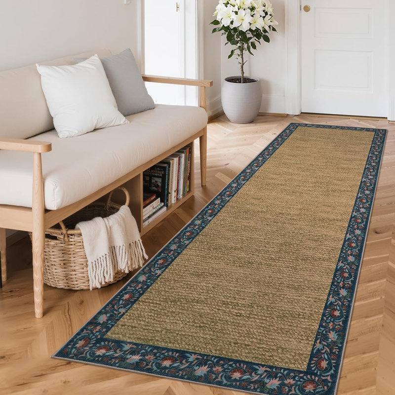 2x6 Floral Bordered Kitchen Rug – Minimalist, Non-Slip, Washable Runner for Hallways, Entryway, Bedroom (Light Blue)