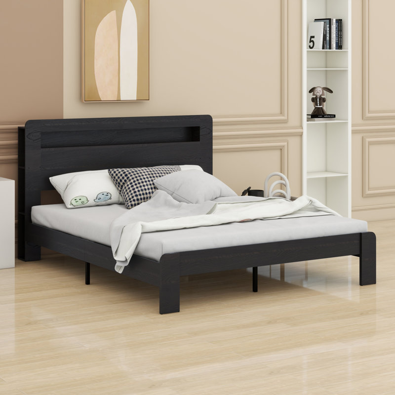 Structure de lit plateforme avec tête de lit à DEL avec rangement et 2 USB, grand rangement sous le lit, Grand, Brun foncé