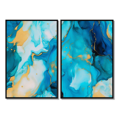 Turquoise Luxury Abstract Fluid Art IV - Blue Modern Canvas Prints 2-Panels