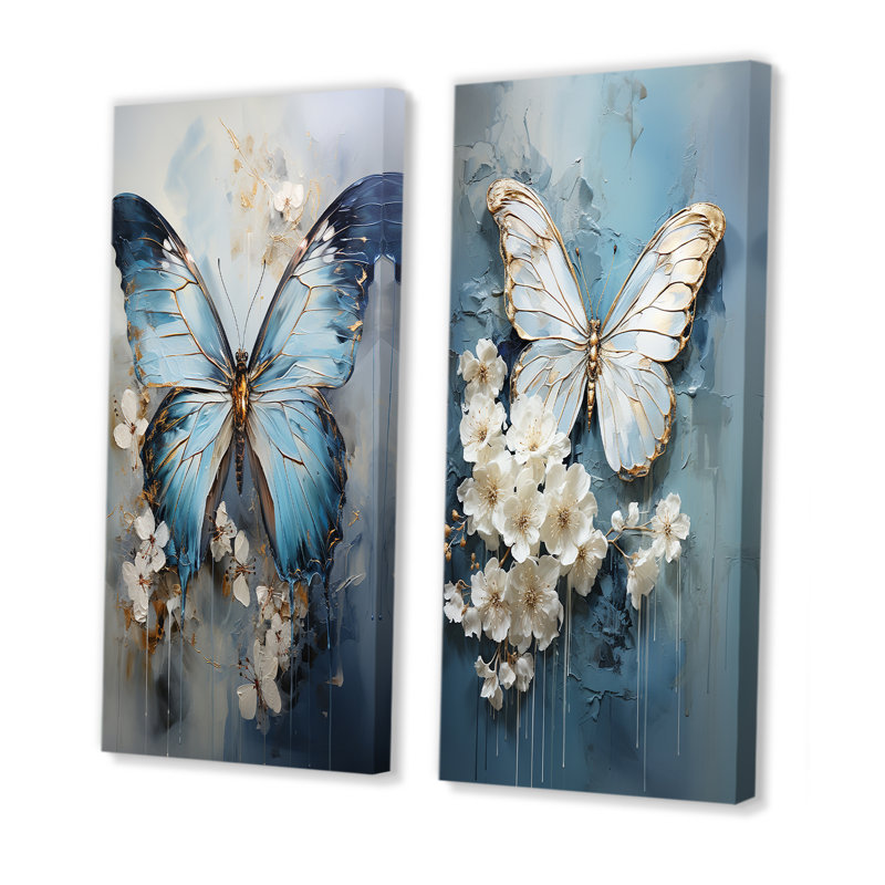 Butterfly Ethereal Blues Form Abstract Elegance - Ensemble de 2 décorations murales papillon, H 28 po x l 25 po, Toile tendue