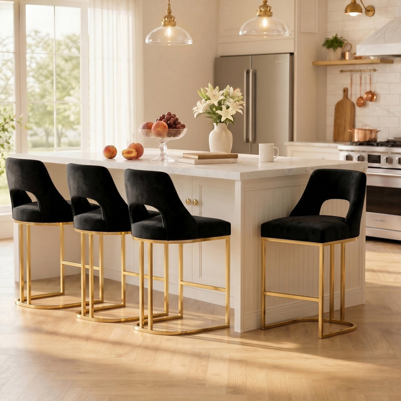 Tabouret de bar moderne à hauteur de comptoir 26,7 po avec structure en métal, Gold, Black