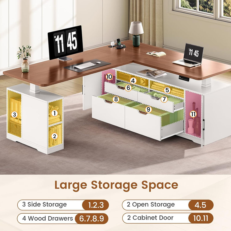 Bureau de direction électrique en forme de L, bureau de direction à hauteur ajustable 69 po x 55 po, Modern Brown/ White