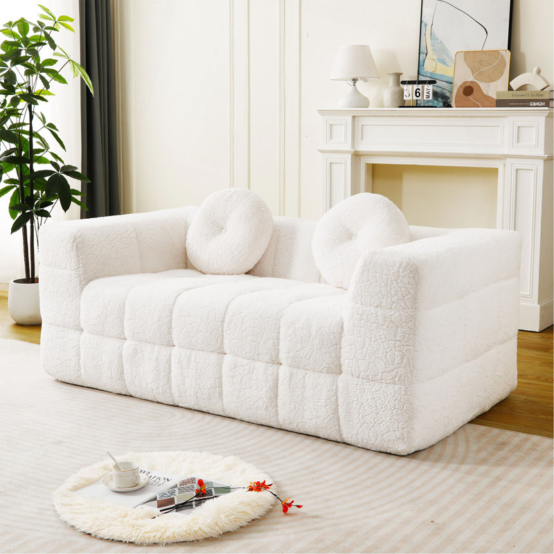Canapé moderne désossé avec coussins décoratifs circulaires, tissu en polyester à poils longs texturé litchi doux pour la peau, tissu à carreaux