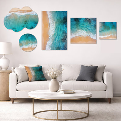 «Blue Tranquility Beach Aériel View III», art mural sur toile surdimensionné 5 pièces (100 po x 40 po)
