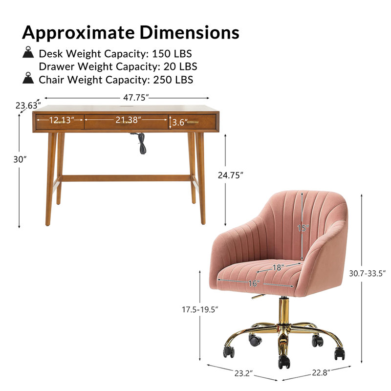 Adan Modern 2-Piece Desk Office Chair Set with Velvet Task Chair and Solid Wood Cable Management Computer Desk, Pink